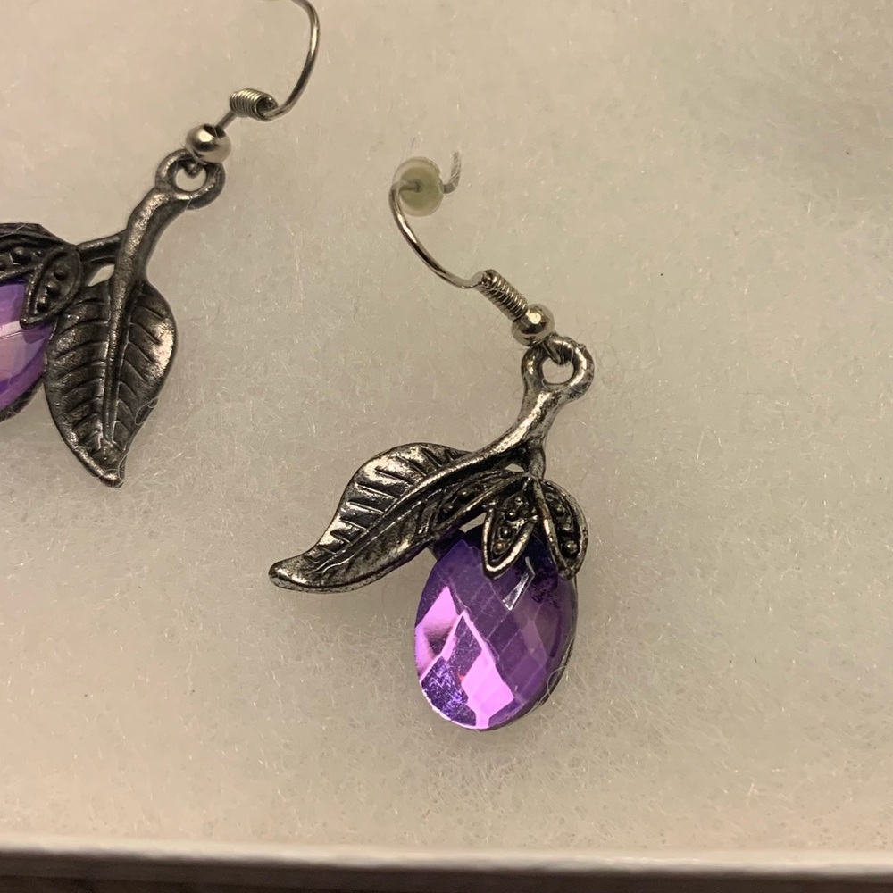 Purple Stone Leaf Drop Earrings - Picture 5 of 6